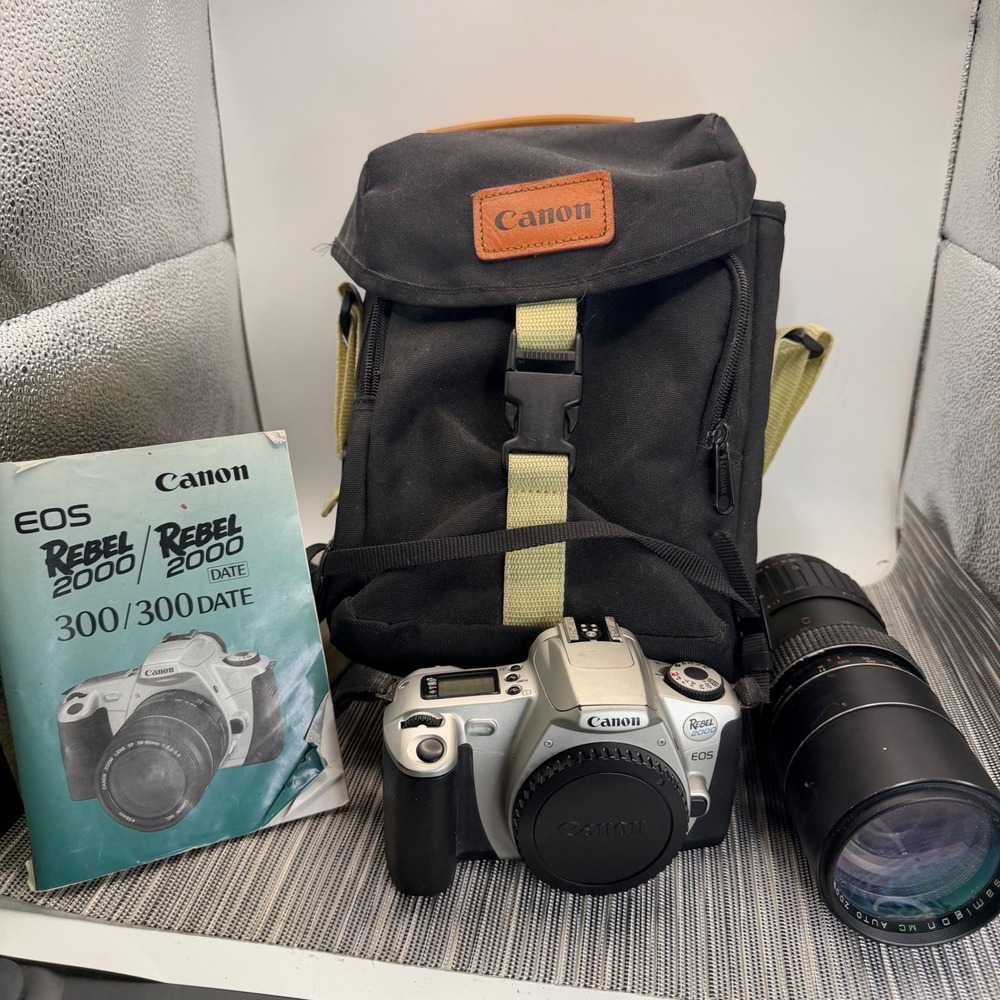 Canon EOS Rebel 2000 35mm SLR Film Camera Samigon 80-200mm Lens Bag Manual Set